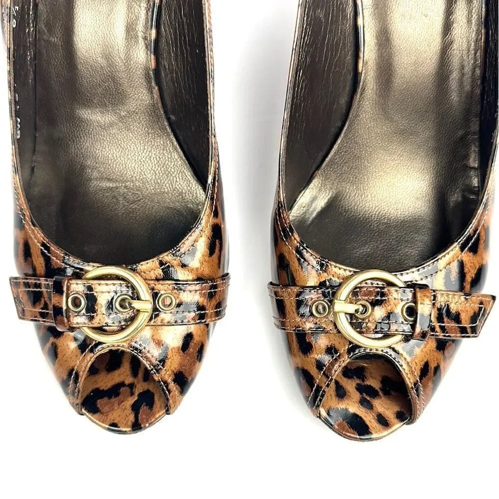 Stuart Weitzman Patent Leather Leopard Animal Print Peep Toe Pumps 6 1/2